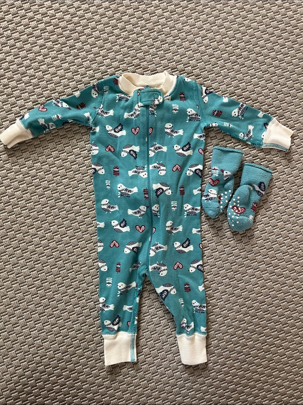 Hanna Andersson -  Teal Bird Print Footed Pajamas with Matching Socks